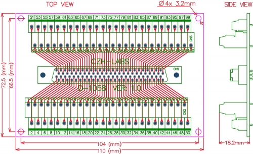CZH-LABS 100-Pin Half-Pitch/0.05 D-Sub Female Breakout Board, DSUB,SCSI,Terminal Module.