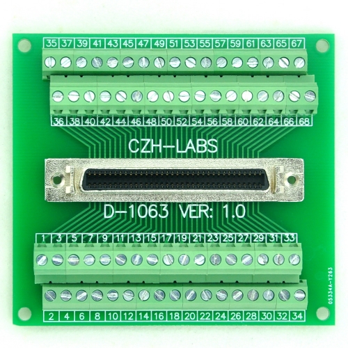 CZH-LABS 68-pin 0.05" Mini D Ribbon/MDR Female Breakout Board, SCSI, Terminal Module.