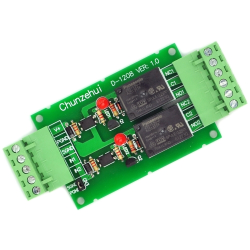 Chunzehui DC 12V Two Channel 10Amp Opto-Isolated Power Relay Module Board, Pluggable Terminal Block. for home control and industrial applications.