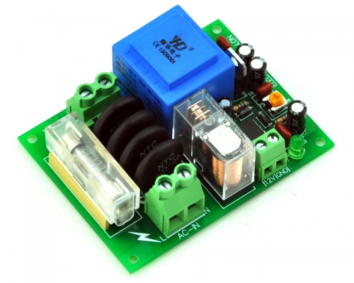 ELECTRONICS-SALON 220Vac Mains Power ON Delay Soft-start Protection Module, with 12 Vdc Regulator.