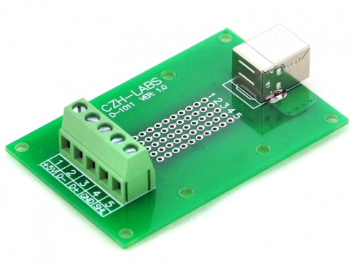 CZH-LABS USB Type B Female Right Angle Jack Breakout Board, Terminal Block Connector.