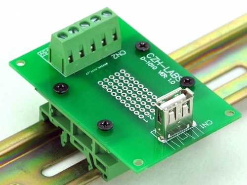 CZH-LABS USB Type A Female Vertical Jack Breakout Board, w/Simple DIN Rail Mount Feet.