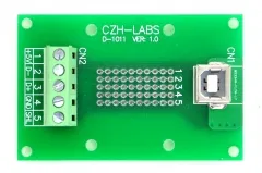 CZH-LABS USB Type B Female Vertical Jack Breakout Board, Terminal Block Connector.
