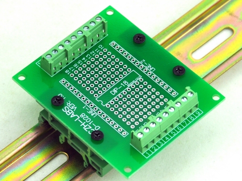 DIP-18 Component to Screw Terminal Adapter PCB, w/Simple DIN Rail Mount Bracket.