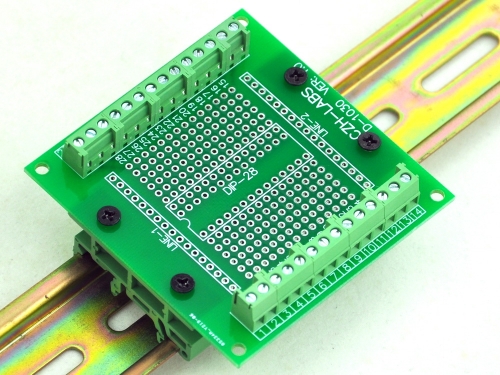 DIP-28 Component to Screw Terminal Adapter PCB, w/Simple DIN Rail Mount Bracket.