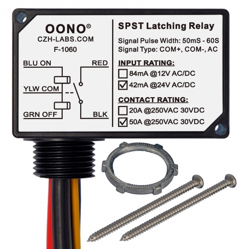 AC/DC 24V SPST Latching Relay Module, 50Amp 250Vac/30Vdc, Plastic Enclosure Wired, OONO F-1060
