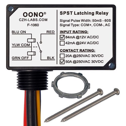 AC/DC 12V SPST Latching Relay Module, 50Amp 250Vac/30Vdc, Plastic Enclosure Wired, OONO F-1060