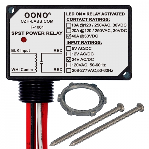AC/DC 24V SPST Power Relay Module, 40Amp 30Vdc, Plastic Enclosure and Pre-wired, OONO F-1061