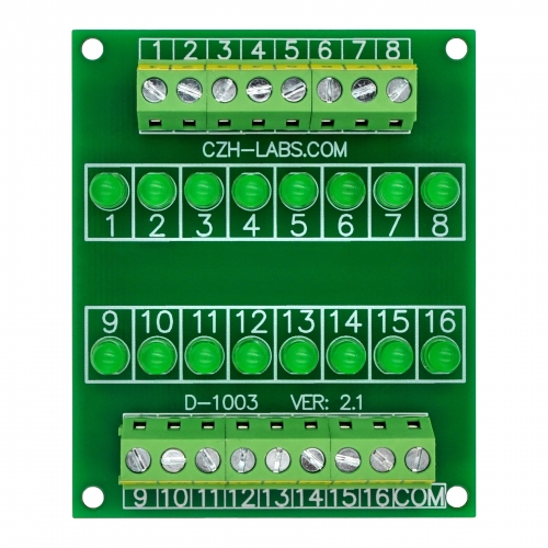 16 LEDs Indicator Light Board, Green, Support 5~50VDC Common Positive/Negative