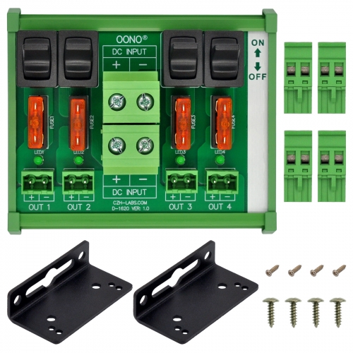 DC 4 Channel Power Distribution Module, Paddle Switch, Fused, Pluggable Side Wiring Terminal Block, DIN Rail and Screw Mount