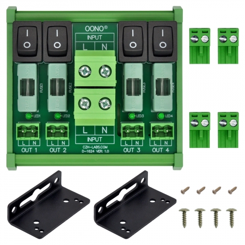 AC 52 Amp 4 Channel Power Distribution Module, Rocker Switch, Fused, Pluggable Top Wiring Terminal Block, DIN Rail and Screw Mount