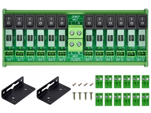 AC 52 Amp 12 Channel Power Distribution Module, Rocker Switch, Fused, Pluggable Top Wiring Terminal Block, DIN Rail and Screw Mount