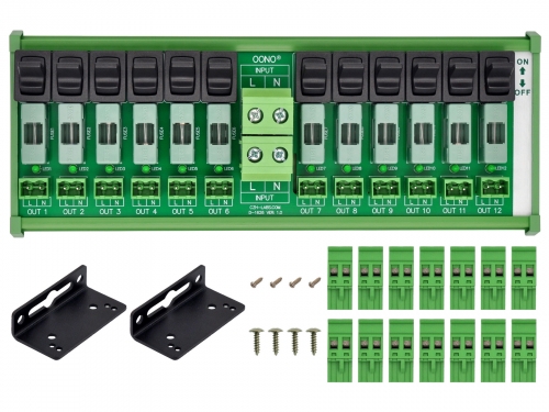 AC 52 Amp 12 Channel Power Distribution Module, Paddle Switch, Fused, Pluggable Side Wiring Terminal Block, DIN Rail and Screw Mount