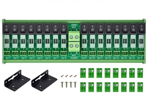 AC 52 Amp 16 Channel Power Distribution Module, Rocker Switch, Fused, Pluggable Top Wiring Terminal Block, DIN Rail and Screw Mount