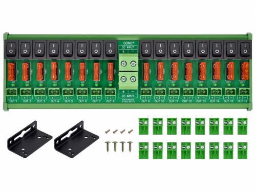 DC 52 Amp 16 Channel Power Distribution Module, Rocker Switch, Fused, Pluggable Top Wiring Terminal Block, DIN Rail and Screw Mount