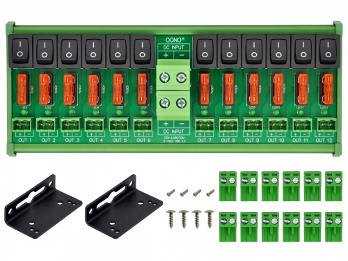 DC 52 Amp 12 Channel Power Distribution Module, Rocker Switch, Fused, Pluggable Top Wiring Terminal Block, DIN Rail and Screw Mount