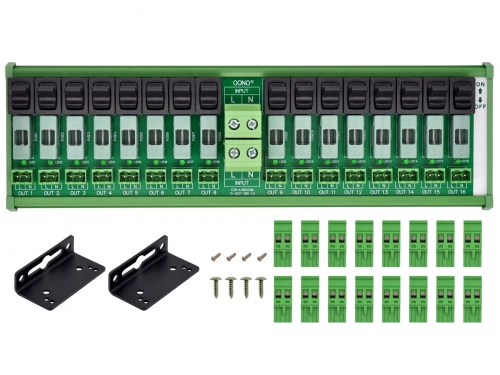 AC 52 Amp 16 Channel Power Distribution Module, Paddle Switch, Fused, Pluggable Side Wiring Terminal Block, DIN Rail and Screw Mount