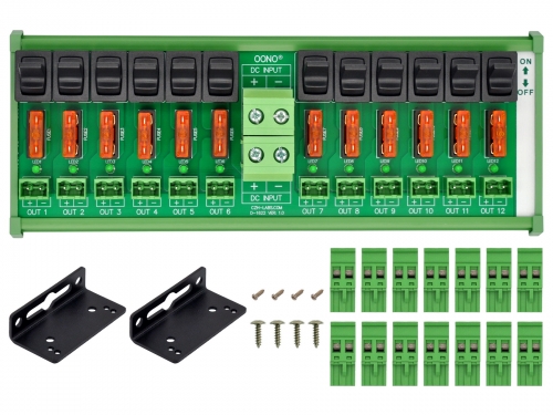 DC 52 Amp 12 Channel Power Distribution Module, Paddle Switch, Fused, Pluggable Side Wiring Terminal Block, DIN Rail and Screw Mount