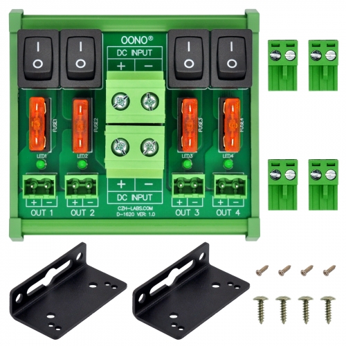 DC 52 Amp 4 Channel Power Distribution Module, Rocker Switch, Fused, Pluggable Top Wiring Terminal Block, DIN Rail and Screw Mount