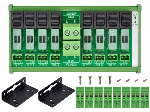 AC 52 Amp 8 Channel Power Distribution Module, Paddle Switch, Fused, Pluggable Side Wiring Terminal Block, DIN Rail and Screw Mount