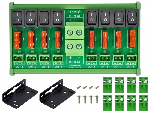 DC 52 Amp 8 Channel Power Distribution Module, Rocker Switch, Fused, Pluggable Top Wiring Terminal Block, DIN Rail and Screw Mount