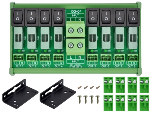 AC 52 Amp 8 Channel Power Distribution Module, Rocker Switch, Fused, Pluggable Top Wiring Terminal Block, DIN Rail and Screw Mount