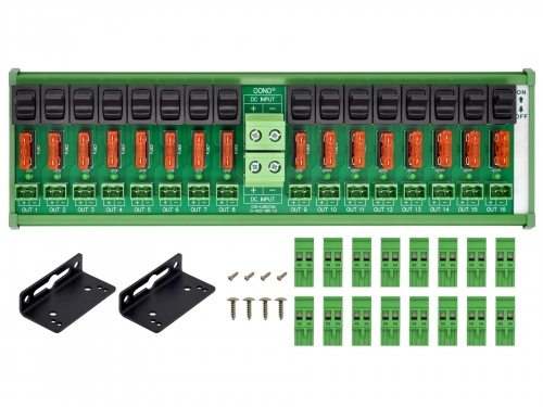 DC 52 Amp 16 Channel Power Distribution Module, Paddle Switch, Fused, Pluggable Side Wiring Terminal Block, DIN Rail and Screw Mount