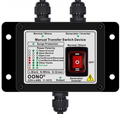 Manual Transfer Switch, AC120V 15Amp, with Surge Protection and Power Polarity Monitoring, for Generator, Inverter, Solar. OONO F-1072