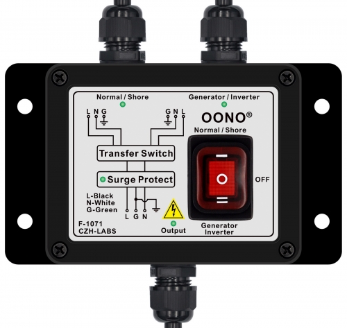 Manual Transfer Switch, AC120V 15Amp, with Surge Protection, for Generator, Inverter, Solar. OONO F-1071