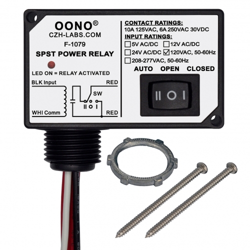 AC120V Power Relay Module SPSP-NO + Override Switch, 10Amp 125VAC, 6A 250VAC/30Vdc, Plastic Enclosure and Pre-wired, OONO F-1079