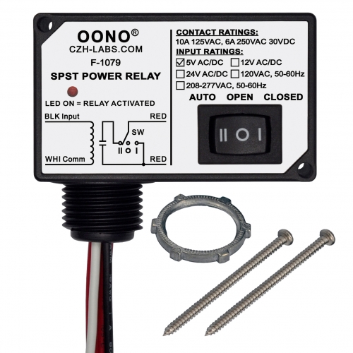 AC/DC 5V Power Relay Module SPSP-NO + Override Switch, 10Amp 125VAC, 6A 250VAC/30Vdc, Plastic Enclosure and Pre-wired, OONO F-1079