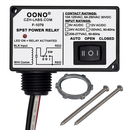 AC208-277V 240V Power Relay Module SPSP-NO + Override Switch, 10Amp 125VAC, 6A 250VAC/30Vdc, Plastic Enclosure and Pre-wired, OONO F-1079