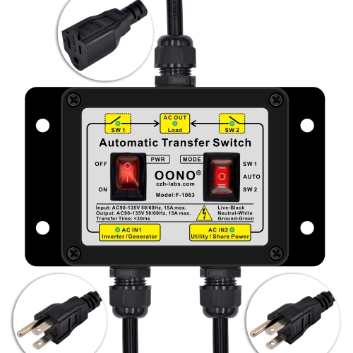 Manual and Automatic Transfer Switch, AC120V 15A NEMA 5-15P 5-15R, ATS Auto Transfer Switch
