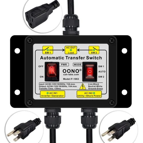 Manual and Automatic Transfer Switch, AC120V 15A NEMA 5-15P 5-15R, ATS Auto Transfer Switch