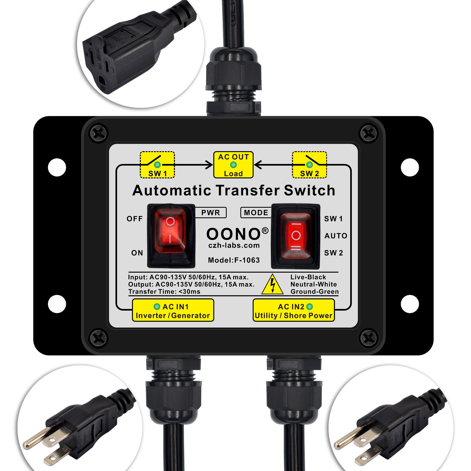 Manual and Automatic Transfer Switch, AC120V 15A NEMA 5-15P 5-15R, ATS Auto Transfer Switch
