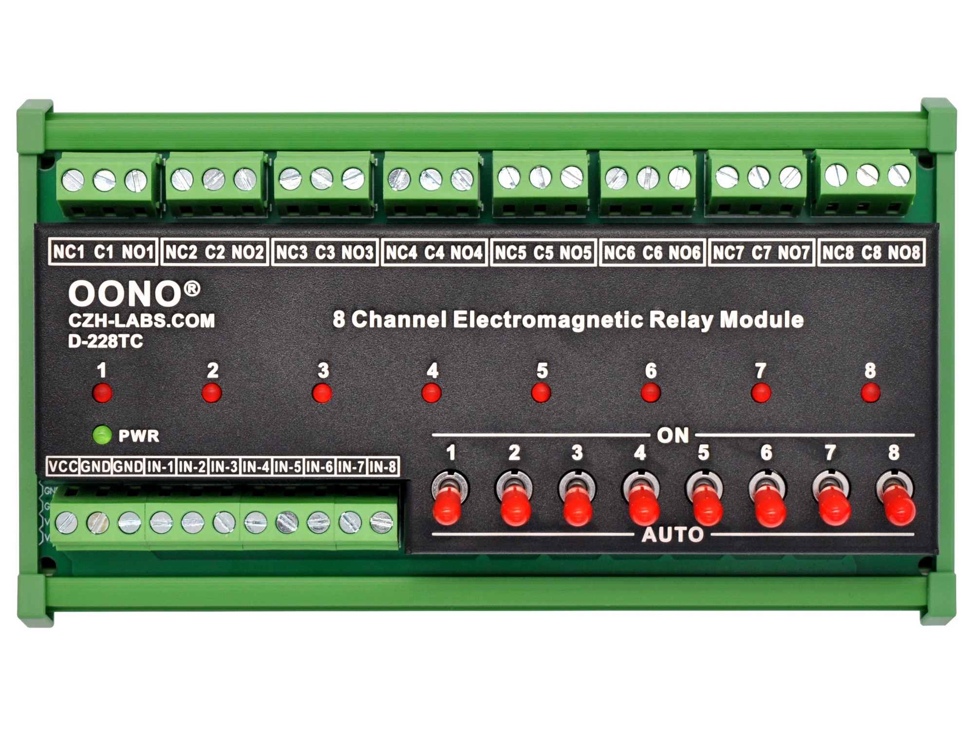 DC5V 8 Channel SPDT 10 Amp Power Relay Module, DIN Rail Mount, with Direct Control Switches