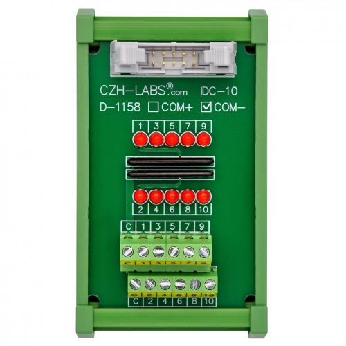 IDC10 Interface Module, COM- with LEDs For Circuit Indication, DIN41651 Flat Ribbon Cable Breakout Board, DIN Rail Mount