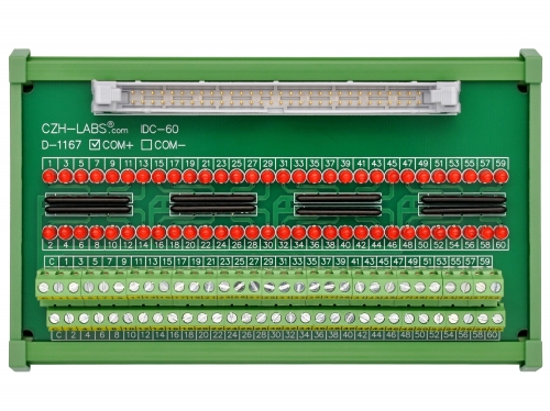 IDC60 Interface Module, COM+ with LEDs For Circuit Indication, DIN41651 Flat Ribbon Cable Breakout Board, DIN Rail Mount