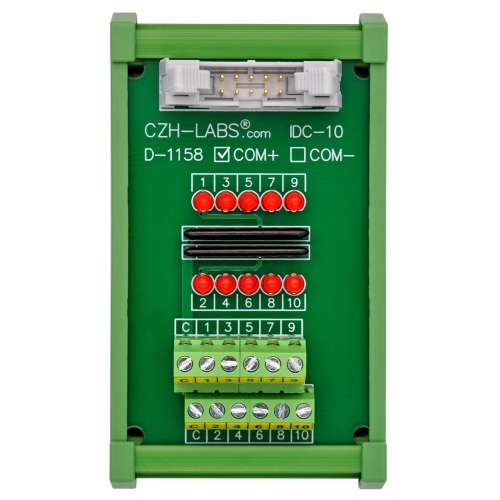 IDC10 Interface Module, COM+ with LEDs For Circuit Indication, DIN41651 Flat Ribbon Cable Breakout Board, DIN Rail Mount