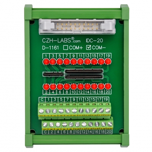 IDC20 Interface Module, COM- with LEDs For Circuit Indication, DIN41651 Flat Ribbon Cable Breakout Board, DIN Rail Mount
