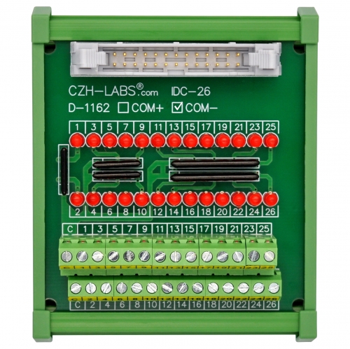 IDC26 Interface Module, COM- with LEDs For Circuit Indication, DIN41651 Flat Ribbon Cable Breakout Board, DIN Rail Mount