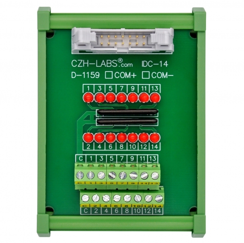 IDC14 Interface Module, COM- with LEDs For Circuit Indication, DIN41651 Flat Ribbon Cable Breakout Board, DIN Rail Mount