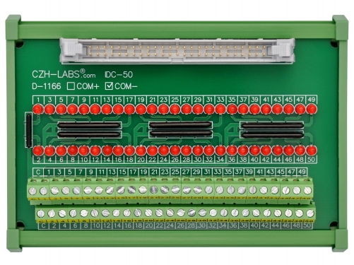 IDC50 Interface Module, COM- with LEDs For Circuit Indication, DIN41651 Flat Ribbon Cable Breakout Board, DIN Rail Mount