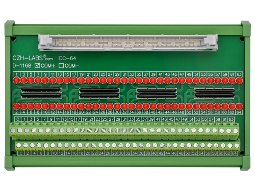 IDC64 Interface Module, COM+ with LEDs For Circuit Indication, DIN41651 Flat Ribbon Cable Breakout Board, DIN Rail Mount