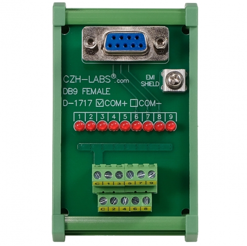 Female DB9 Interface Module, COM+ with LEDs For Circuit Indication, DIN 41652/IEC60807 D-SUB Breakout Board Module, DIN Rail Mount