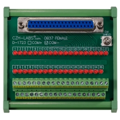 Female DB37 Interface Module, COM- with LEDs For Circuit Indication, DIN 41652/IEC60807 D-SUB Breakout Board Module, DIN Rail Mount