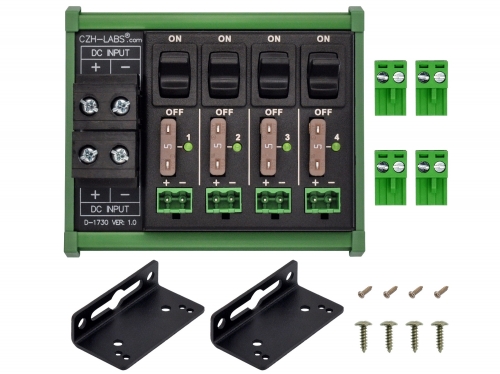 DC Power Distribution Module, 52Amp 4 Channel, Paddle Switch, Fused, Pluggable Top Wiring Terminal Block, DIN Rail and Screw Mount