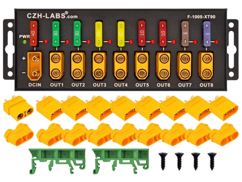 F-1005-XT90 DC Power Fused Distribution Block Module, 40A 58V, Screw or DIN Rail Mounting
