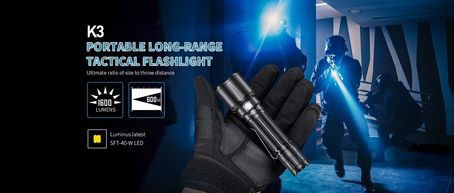 Portable Long Range Tactical Flashlight K3