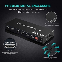 4x2 HDMI Matrix Switch,4 in 2 Out Matrix HDMI Video Switcher Splitter +Optical & L/R Audio Output,Support Ultra HD 4K x 2K,3D 1080P,Audio EDID Extractor with IR Remote Control &Power Adapter